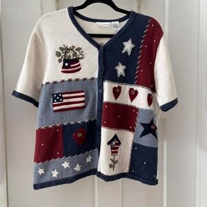 Vintage‎ Croft & Barrow patriotic flag short sleeve grandma patchwork cardigan